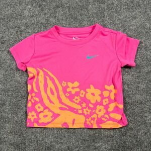 Nike Dri Fit Wild Flower Tempo T Shirt Kids Small Pink Swoosh Logo Round Neck